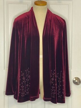 Coldwater Creek Burgundy Velvet Beaded‎ Floral Cardigan Open Front Medium